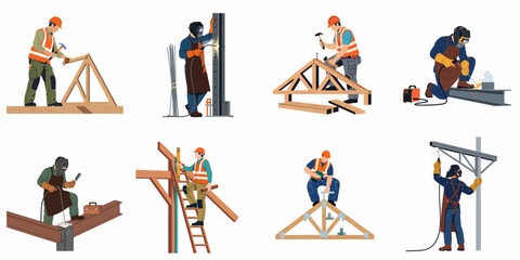 Collection of Construction Workers and Welders at Work on Wooden and Steel Structures © Rafi
