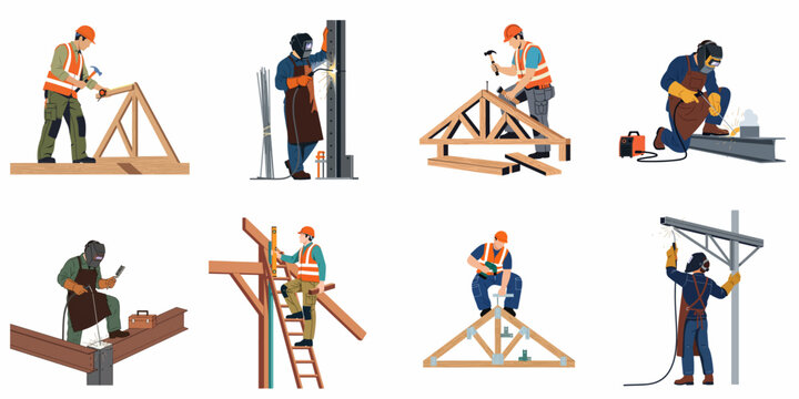 Collection of Construction Workers and Welders at Work on Wooden and Steel Structures
