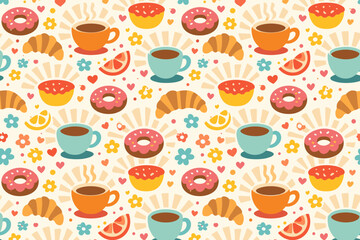 Fototapeta premium Bright and colorful pattern of coffee cups, donuts, croissants, and flowers on a light background for a fun and cheerful design