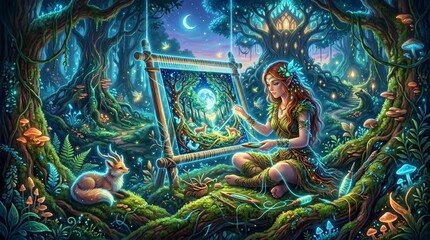 Obraz premium Enchanting Weaver: A mystical female figure weaves a captivating tapestry within an enchanted forest, her skill blending seamlessly with the magical surroundings.