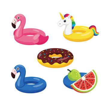 Summer Fun: Inflatable Pool Floats, Donut, and Fruit Slice on White Background