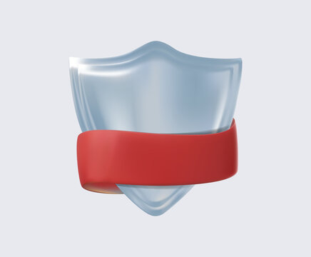 Minimal shield with a red ribbon, realistic 3D vector illustration. protection and security sign, guarantee symbol, defense concept. Concept for healthcare insurance, medical protection. Modern glossy