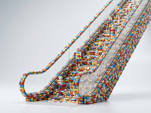 Conceptual Escalator Covered in Colorful Medical Pills and Capsules