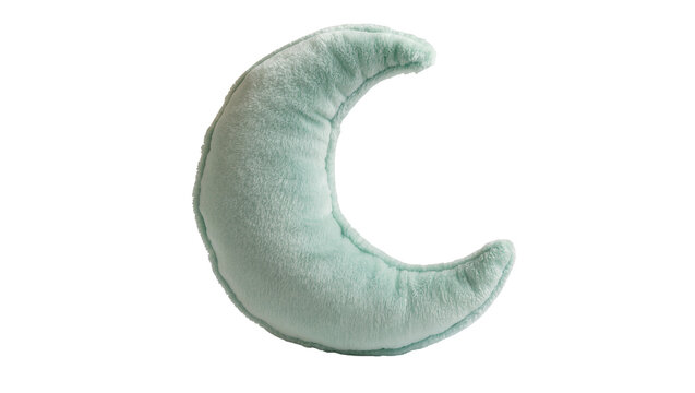 Plush crescent moon pillow soft mint green fabric, isolated on transparent background