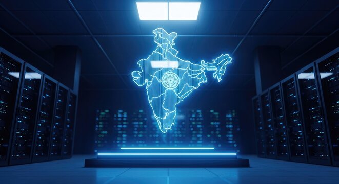 Independence day india digital map futuristic server room with glowing indian subcontinent