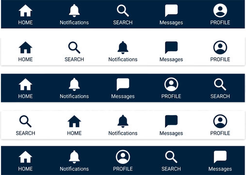 Clean, structured geometric UI navigation bars with diverse layouts and essential icons. Versatile modern interface elements for intuitive web and mobile app design