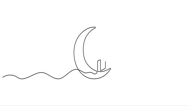Animated self drawing Continuous one line drawing of Minimalist moon, crescent, sailing boat, line art, continuous one line drawing