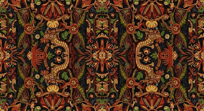 Traditional Borneo wood carving motif with intricate floral ethnic pattern