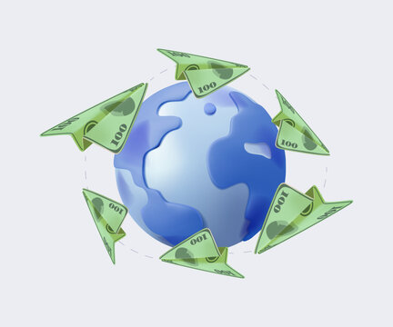 Global money transfers and international payments, 3D vector illustration. Symbols of currency exchange, worldwide banking, and financial transactions on a professional blue background