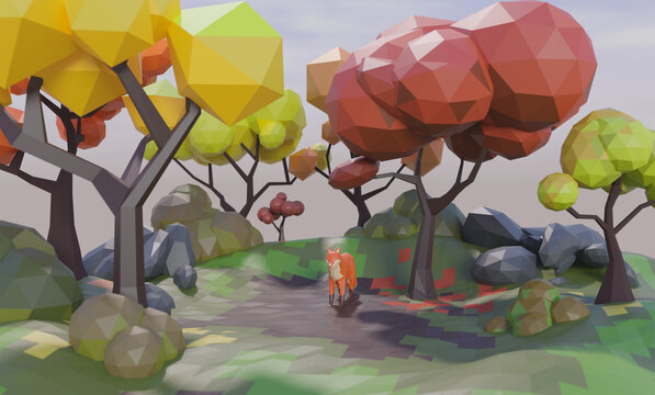 Low poly fox in autumn forest landscape with colorful trees stylized 3d render
