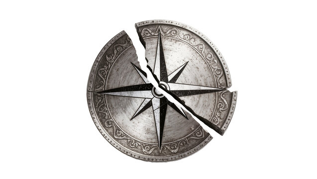 Antique broken compass rose with ornate details, isolated on transparent background
