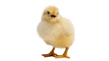 Fototapeta premium Fluffy yellow chick with open beak, isolated on transparent background