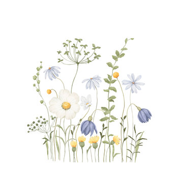 Card with watercolor wildflowers and green plants. Floral isolated illustration for decorative border, cute wallpaper, delicate poster or cover. Colored hand-drawn print.