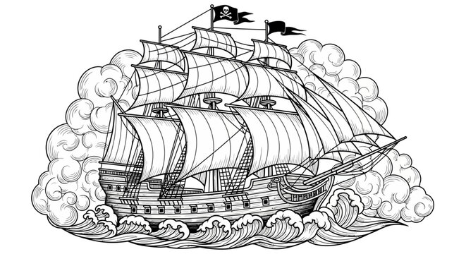 Vintage Sailing Ship Navigating Rough Seas Engraving Illustration.