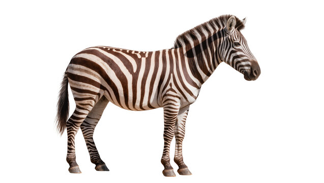 Striped zebra standing profile view, isolated on transparent background