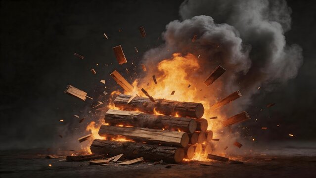 Burning logs with smoke and sparks