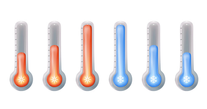 Collection of 3D thermometer vector icons representing different temperature levels. High heat, freezing cold, and normal climate indicators. Vector graphic design elements on a white background
