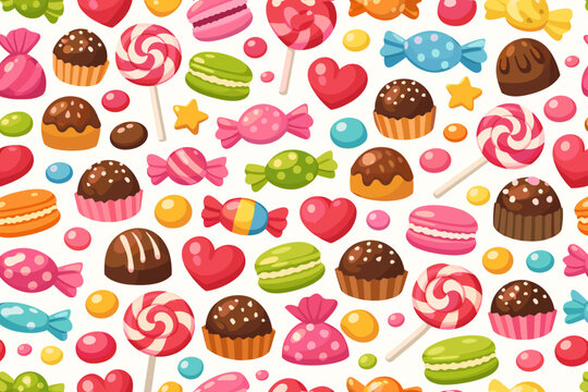 Colorful collection of candies and sweets displayed on a white background for a fun party theme or dessert table setup