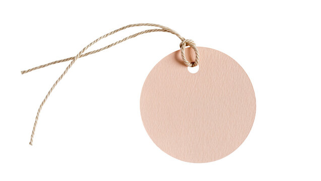 Round peach paper tag with twine string, isolated on transparent background