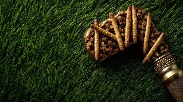 Unique golf club made from crunchy breadsticks with metallic highlights on green grass creative food photography