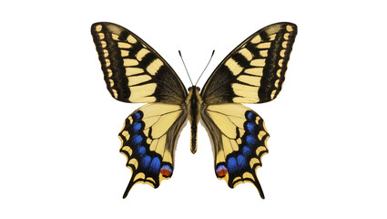 Obraz premium Yellow and black swallowtail butterfly with blue markings, isolated on transparent background