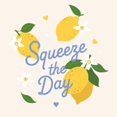 Whimsical lemon illustration with floral accents and “Squeeze the Day” lettering in pastel blue. Cute citrus artwork for prints, kitchen decor, summer branding, stickers, cards, and apparel. Playful l © yuliabikirova