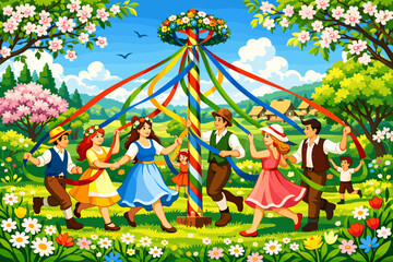 Obraz premium Maypole dance takes place in a lush garden during a sunny spring day with children and adults celebrating together