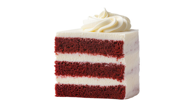 Layered red velvet cake slice with cream cheese frosting swirl, isolated on transparent background