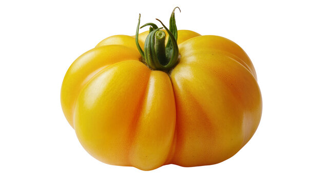 Ripe yellow heirloom tomato with green stem, isolated on transparent background