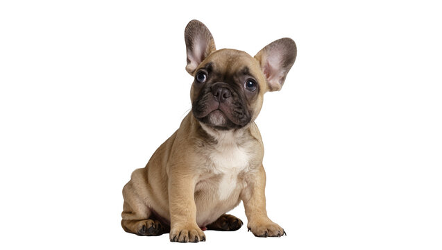 Cute fawn French Bulldog puppy sitting attentively, isolated on transparent background