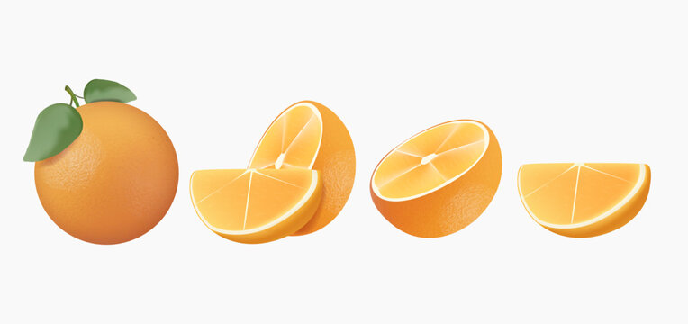 Realistic vector set of fresh oranges featuring whole fruit, halves, and juicy slices with green leaves. 3D ornage fruit vector illustration. Ideal for food packaging, organic juice label healthy diet