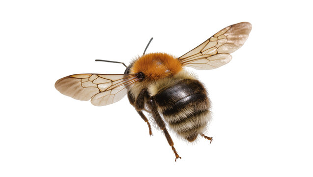 Fuzzy bumblebee with orange head and striped abdomen, isolated on transparent background