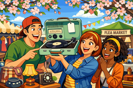 Friends enjoy shopping at a flea market while looking at a record player during springtime