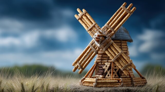 Creative windmill sculpture made from crackers and breadsticks under a blue sky gigapixel detail whimsical environment
