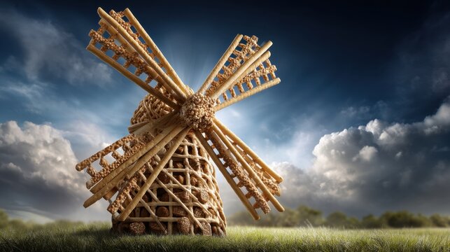Artistic windmill creation from crackers and breadsticks under blue sky stunning gigapixel capture of edible sculpture