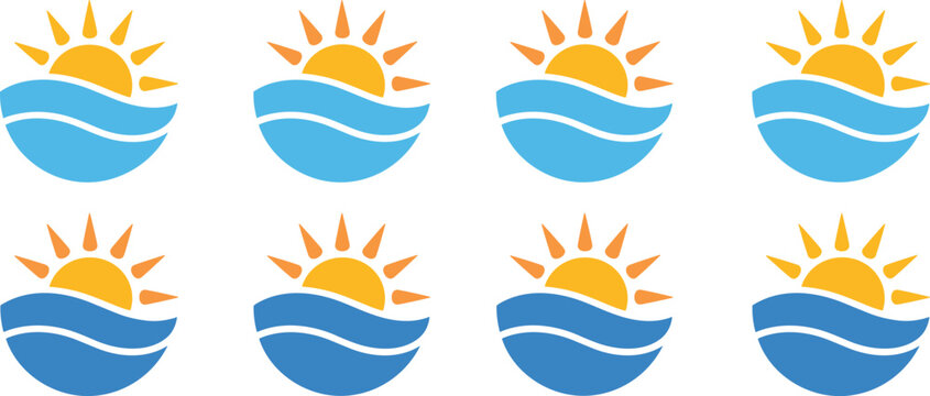 Sun and ocean wave logos collection, summer beach travel symbols for tourism and resort branding