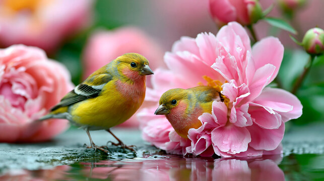 Colorful European goldfinch birds among blooming pink peony flowers with soft spring garden background