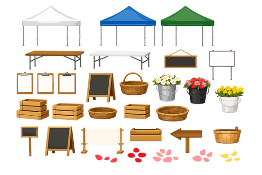 Market setup with tents, tables, baskets, and signs in a public space during the day