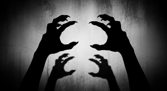 Silhouette of monster hand with sharp claw reaching out from darkness. Scary creature shadow on wall. Spooky concept for Halloween design or horror movie poster and thriller theme.