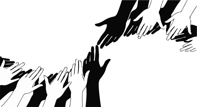 Diverse hands reaching out in unity and connection across a divide.