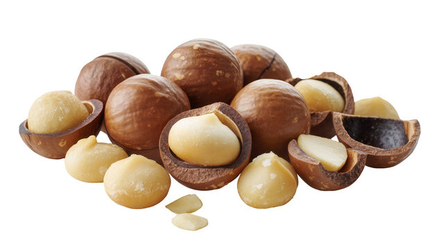 Heap of whole and shelled macadamia nuts, isolated on transparent background