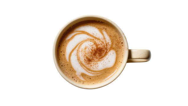 Creamy latte with cinnamon swirl art in a beige mug, isolated on transparent background