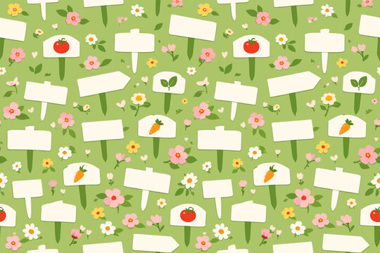 Garden scene with signs for vegetables and flowers in bright colors and a green background during spring