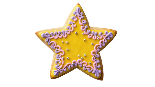 Yellow star-shaped cookie with purple and pink icing decorations, isolated on transparent background