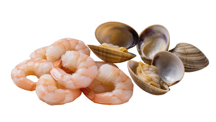 Raw pink shrimp and opened clams with meat, isolated on transparent background © Bogdan