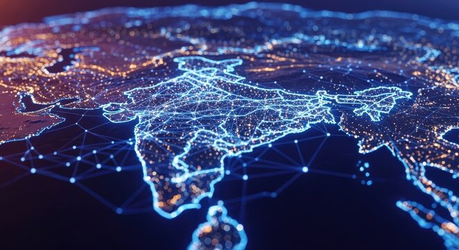 India independence day futuristic network map with glowing city lights