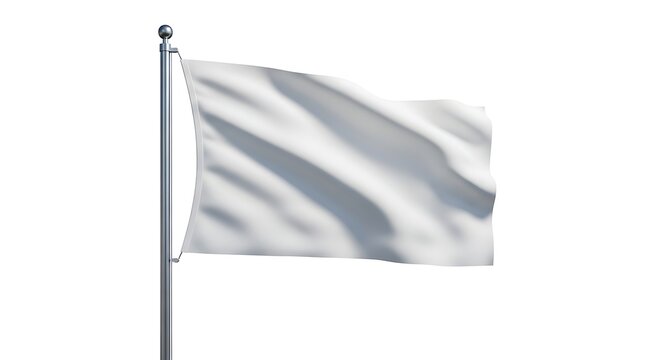 Plain white flag waving on silver flagpole against white background