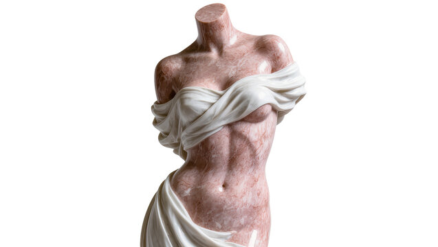 Marble female torso sculpture draped in white fabric, isolated on transparent background