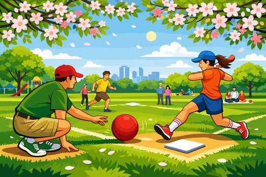 Kids play kickball on a sunny day in a city park with trees and flowers in spring