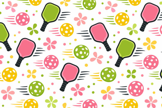Colorful pattern of pickleball paddles and balls with flowers on a white background